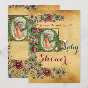 STORK GIRL BABY SHOWER FLORAL PARCHMENT MONOGRAM INVITATION