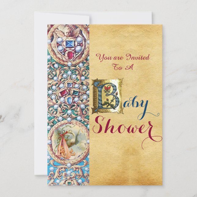 STORK GIRL BABY SHOWER FLORAL PARCHMENT MONOGRAM INVITATION (Front)