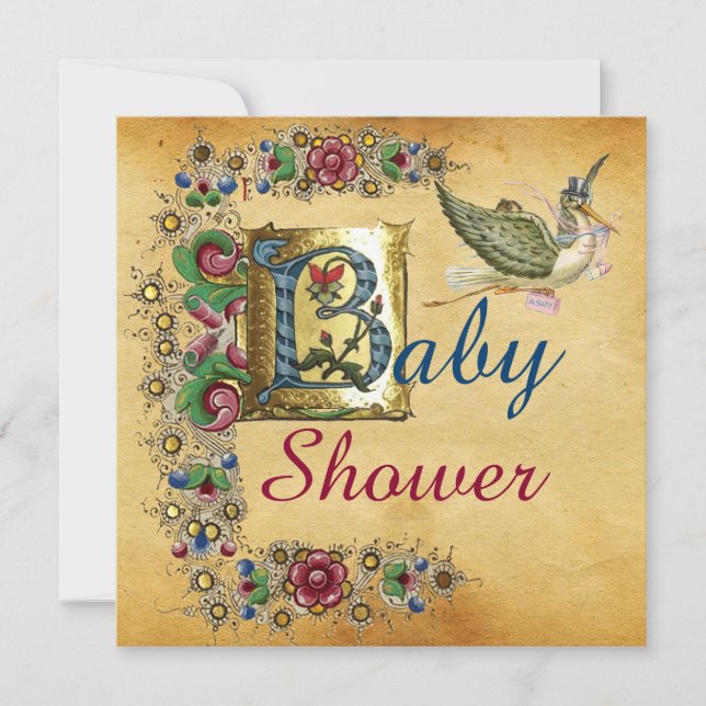 STORK GIRL BABY SHOWER FLORAL PARCHMENT MONOGRAM INVITATION (Front)