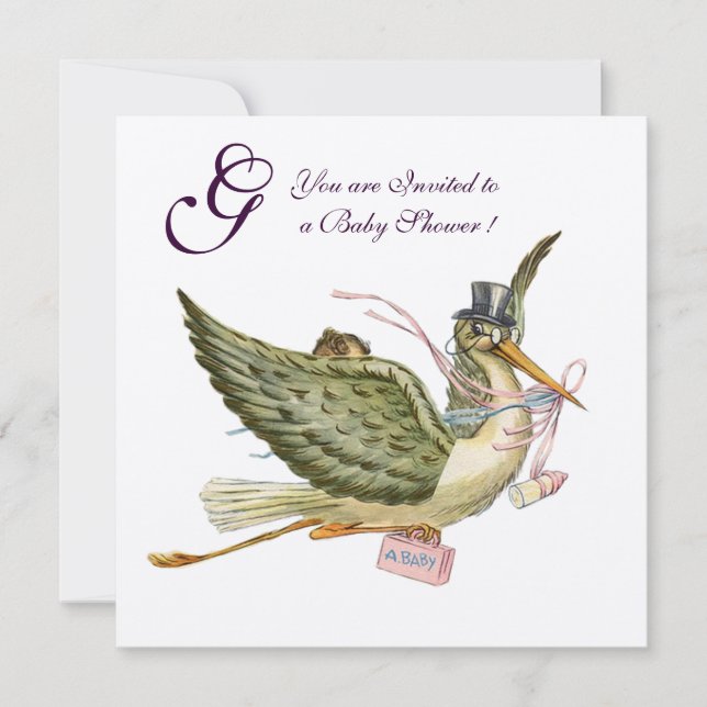 STORK GIRL BABY SHOWER MONOGRAM Pink White Invitation (Front)