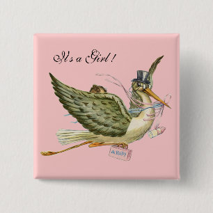 STORK GIRL BABY SHOWER Pink 15 Cm Square Badge
