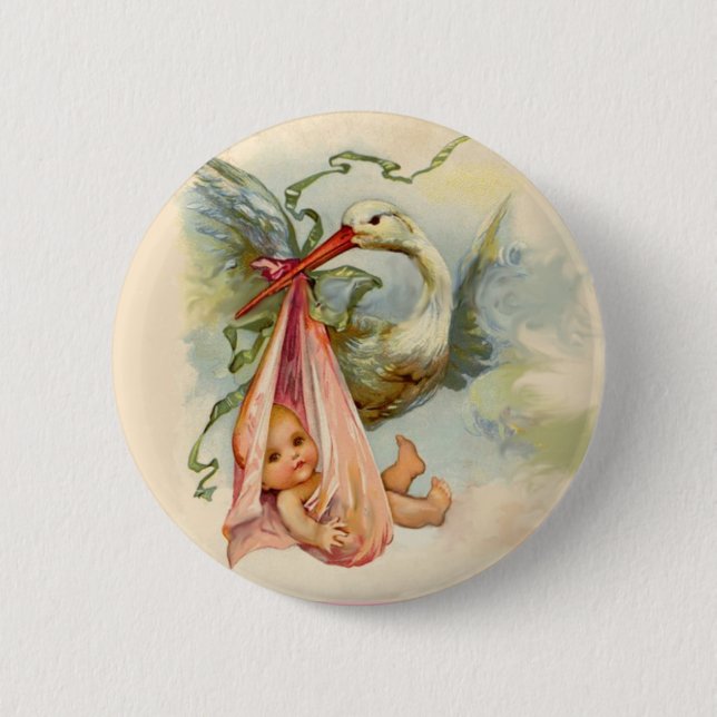 STORK GIRL BABY SHOWER PINK 6 CM ROUND BADGE (Front)