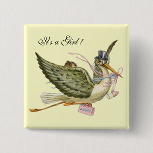 STORK GIRL BABY SHOWER ,Pink Cream 15 Cm Square Badge