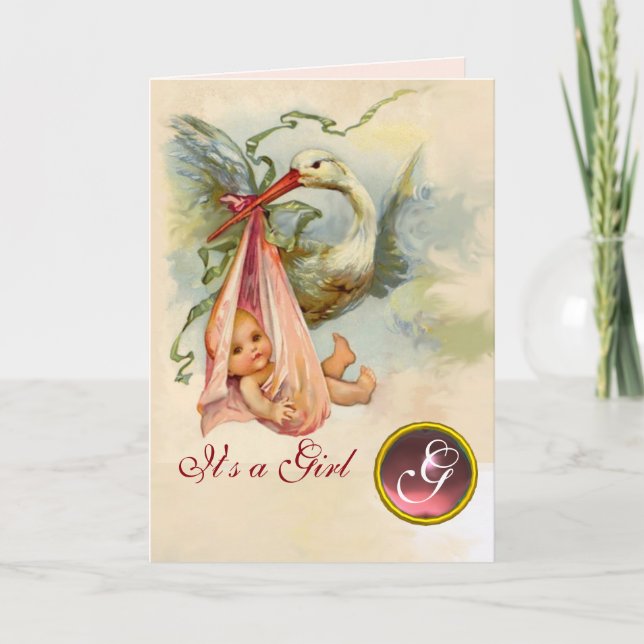 STORK GIRL BABY SHOWER PINK GEM MONOGRAM ANNOUNCEMENT (Front)