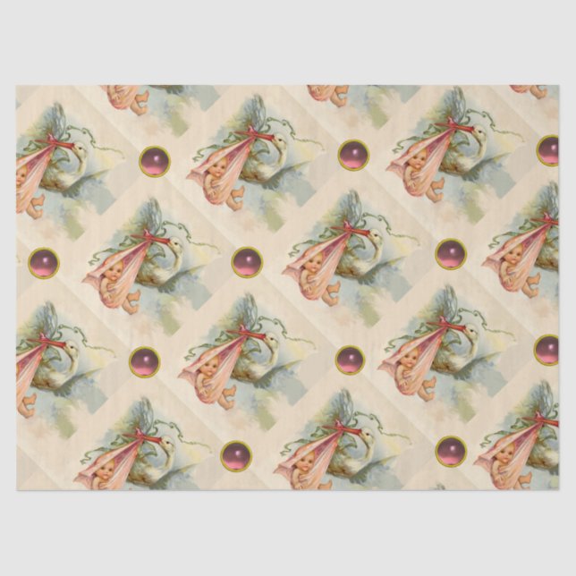 STORK GIRL BABY SHOWER PINK GEMSTONES TISSUE PAPER (Front)