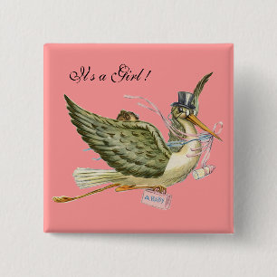 STORK GIRL BABY SHOWER Pink It is a girl 15 Cm Square Badge