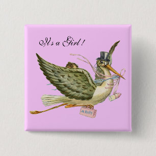 STORK GIRL BABY SHOWER Pink Lilac 15 Cm Square Badge