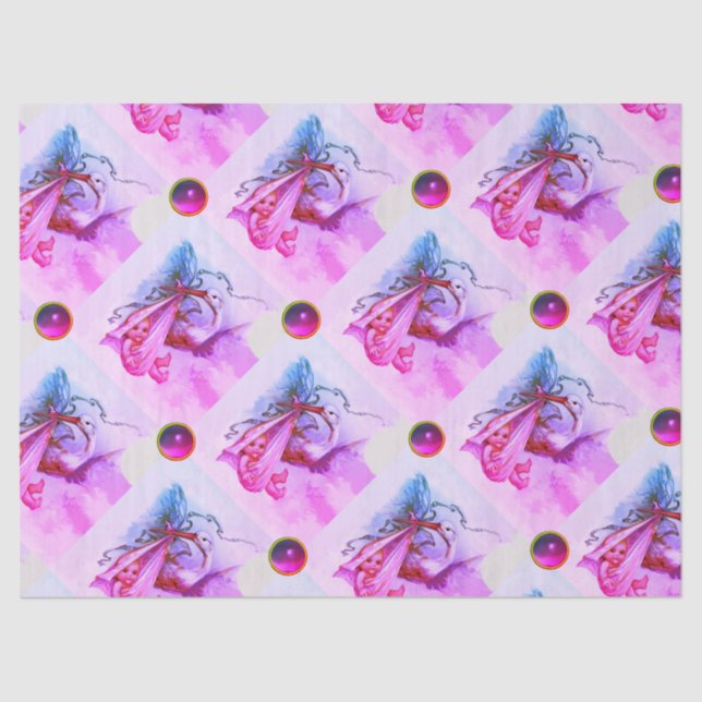 STORK GIRL BABY SHOWER PINK PURPLE GEMSTONES TISSUE PAPER (Front)