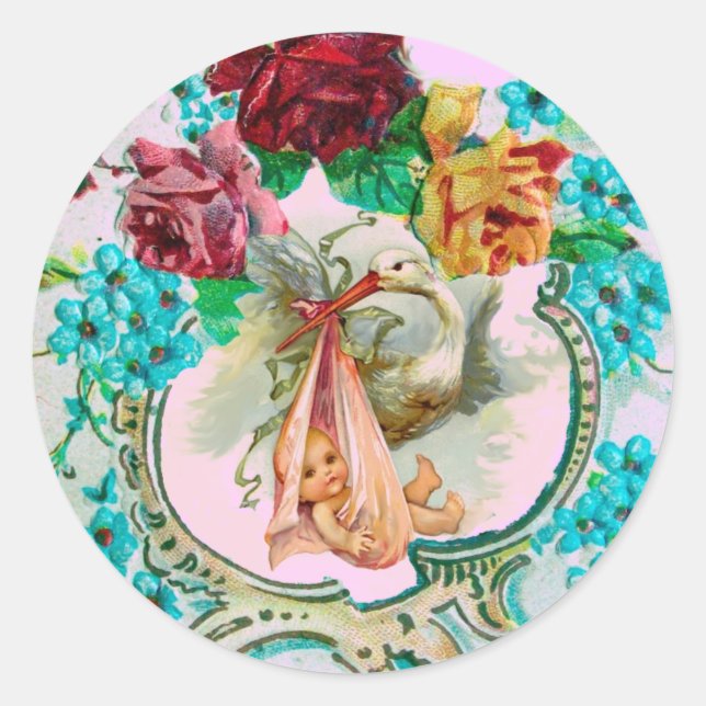 STORK GIRL BABY SHOWER PINK ROSES AND BLUE FLOWERS CLASSIC ROUND STICKER (Front)