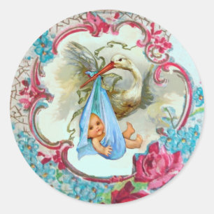 STORK GIRL BABY SHOWER PINK ROSES AND BLUE FLOWERS CLASSIC ROUND STICKER
