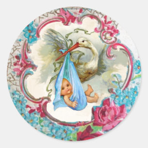 STORK GIRL BABY SHOWER PINK ROSES AND BLUE FLOWERS CLASSIC ROUND STICKER