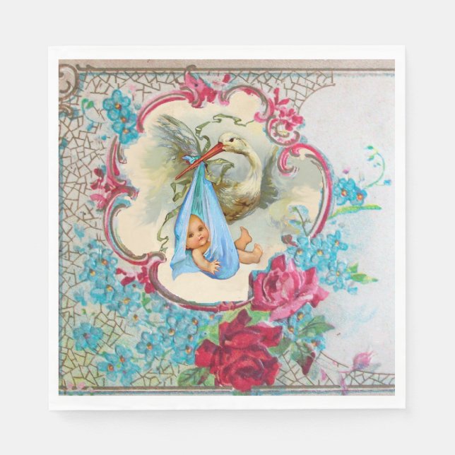 STORK GIRL BABY SHOWER PINK ROSES AND BLUE FLOWERS NAPKIN (Front)