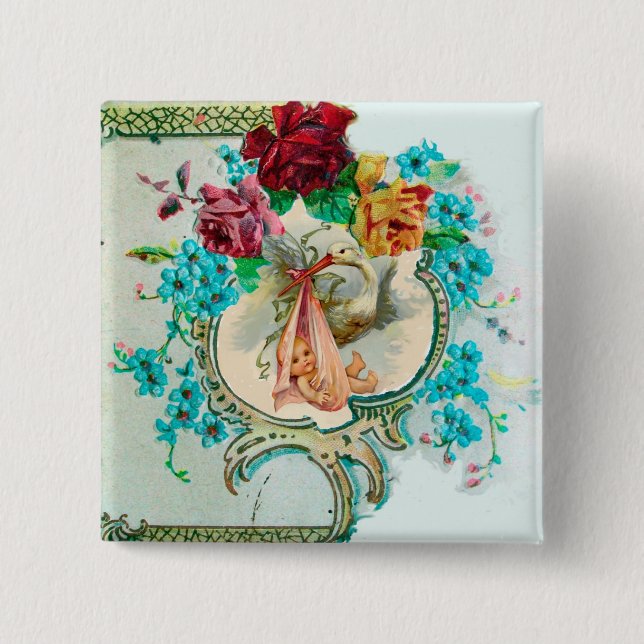 STORK GIRL BABY SHOWER /PINK ROSES BLUE FLOWERS 15 CM SQUARE BADGE (Front)