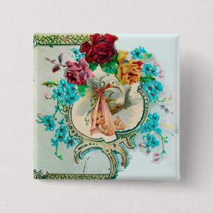 STORK GIRL BABY SHOWER /PINK ROSES BLUE FLOWERS 15 CM SQUARE BADGE