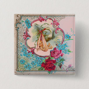 STORK GIRL BABY SHOWER /PINK ROSES BLUE FLOWERS 15 CM SQUARE BADGE