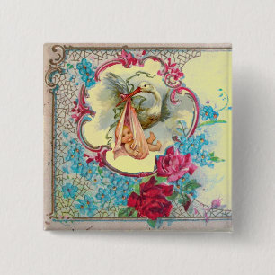 STORK GIRL BABY SHOWER /PINK ROSES BLUE FLOWERS 15 CM SQUARE BADGE