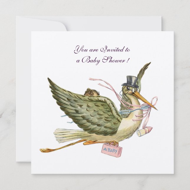 STORK GIRL BABY SHOWER ,Pink White Champagne Invitation (Front)