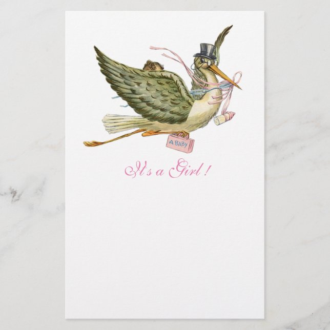 STORK GIRL BABY SHOWER Pink White Stationery (Front)