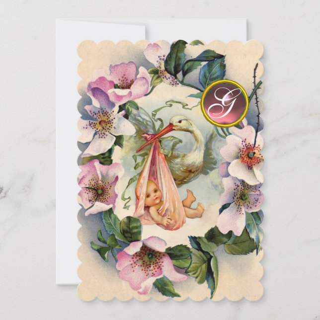 STORK GIRL BABY SHOWER ,PINK WILD ROSES MONOGRAM INVITATION (Front)