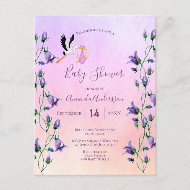 Stork girl pink purple floral baby shower postcard (Front)