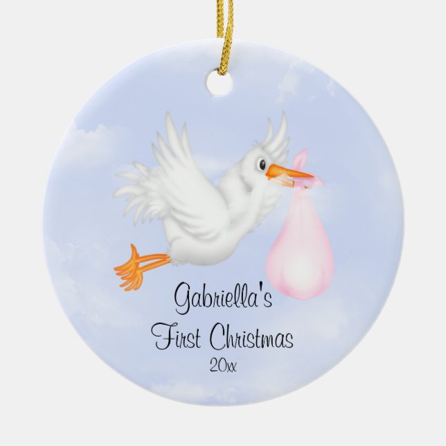 Stork Girls Baby's First Christmas Ornament (Front)