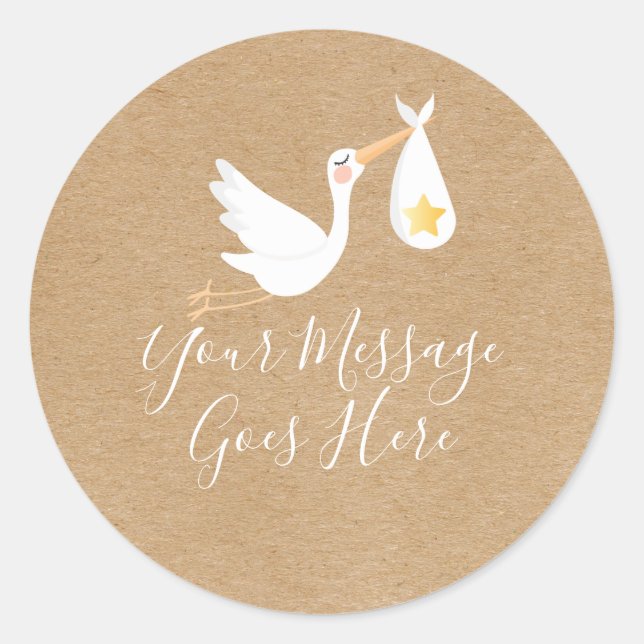 Stork Gold Star Baby Shower Script Rustic Classic Round Sticker (Front)