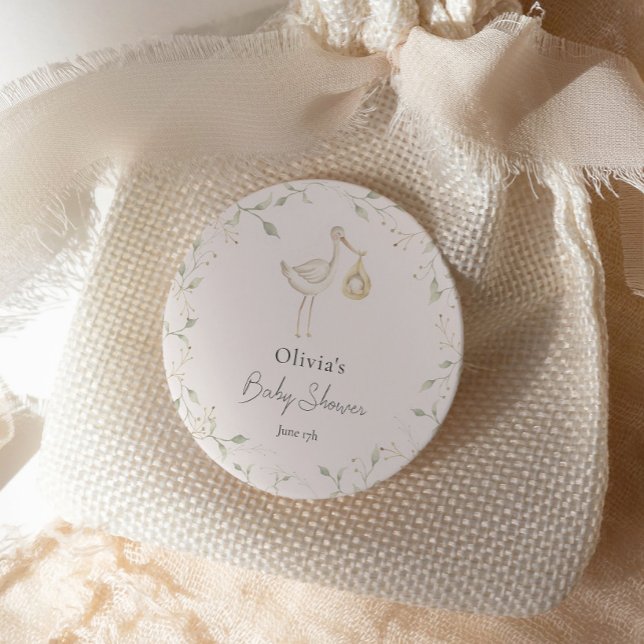 Stork Greenery Baby Shower Classic Round Sticker (Creator Uploaded)