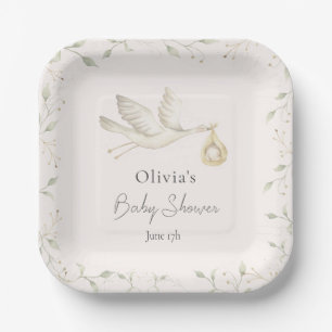 Stork Greenery Baby Shower Paper Plate