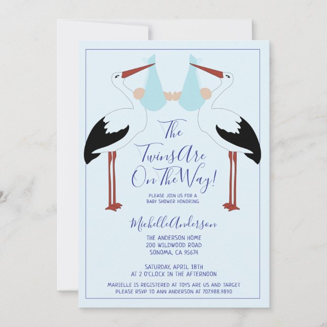 Stork Holding Blue Baby Bundles Baby Shower Invitation (Front)