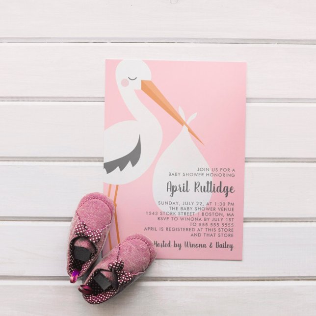 Stork Illustration Pink Girl Baby Shower Invitation (Creator Uploaded)