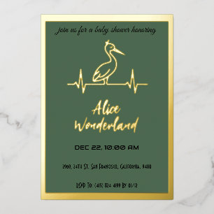 Stork in Modern Gold and Green Baby Shower