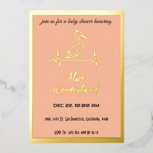 Stork in Modern Gold and Peach Baby Shower