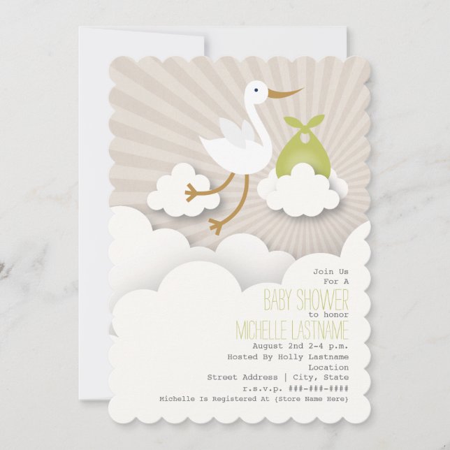 Stork In The Clouds Baby Shower - Green Invitation (Front)