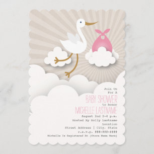 Stork In The Clouds Baby Shower - Pink Invitation