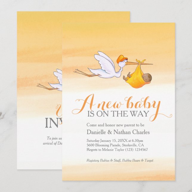 Stork new baby golden orange couples baby shower invitation (Front/Back)
