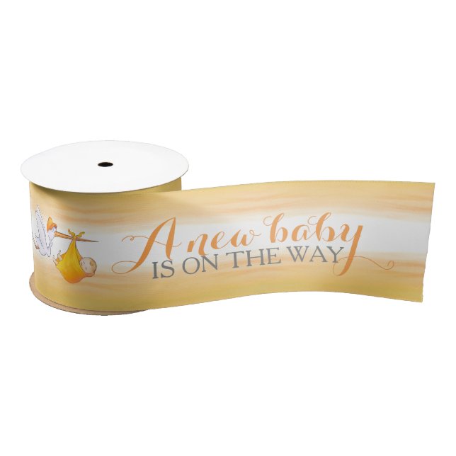 Stork new baby is on his way orange baby shower satin ribbon (Spool)