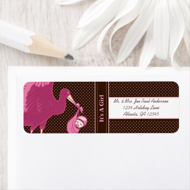 Stork New Baby It's A  Girl Brown & Pink Dots (Insitu)