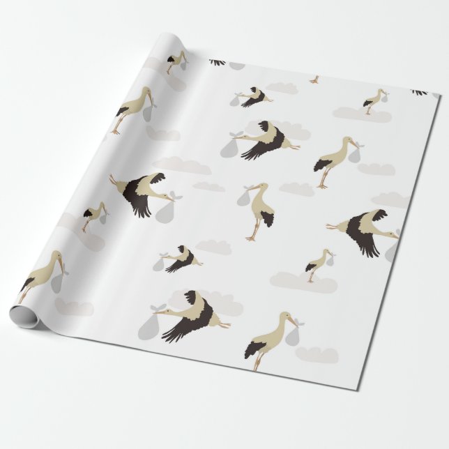 Stork Newborn Baby Boy Girl Pattern Wrapping Paper (Unrolled)