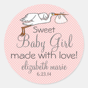 Stork Peach Baby Shower Favour Classic Round Sticker