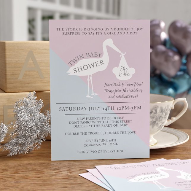 Stork Pink and Blue Twin Baby Shower Invitation (Just add your Twin Baby Shower Details)