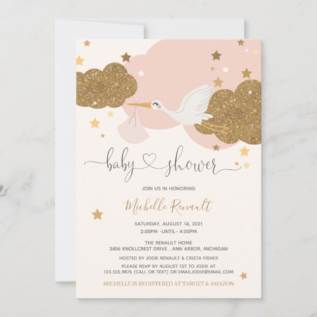 Stork Pink and Gold Glitter Girl Baby Shower  Invitation (Front)