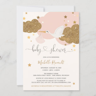 Stork Pink and Gold Glitter Girl Baby Shower Invitation