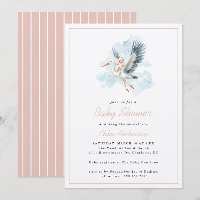 Stork Pink Baby Girl Watercolor Baby Shower Invitation (Front/Back)