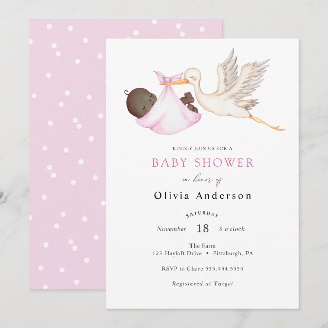 Stork Pink Baby Shower Invitation (Front/Back)