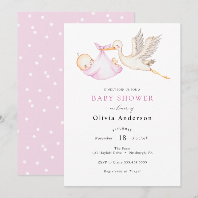 Stork Pink Baby Shower Invitation (Front/Back)