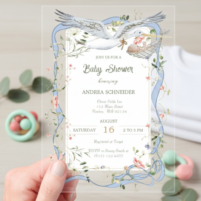 Stork Ribbon and Bow Baby Shower  Acrylic Invitations (Creator Uploaded)
