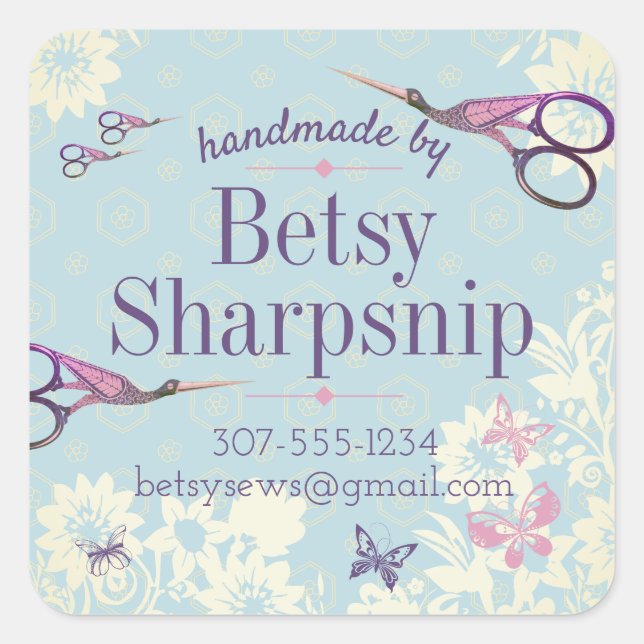 Stork scissors sewing quilter personalised square sticker (Front)