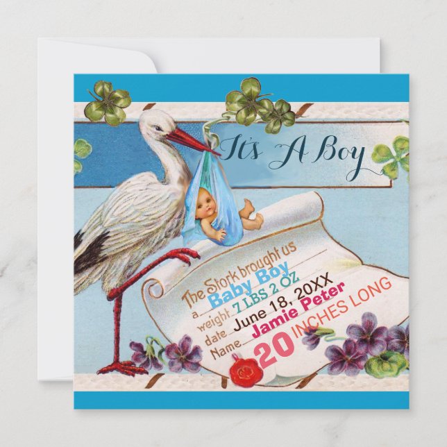 STORK,SHAMROCKS BOY BABY SHOWER BIRTH STATS INVITATION (Front)