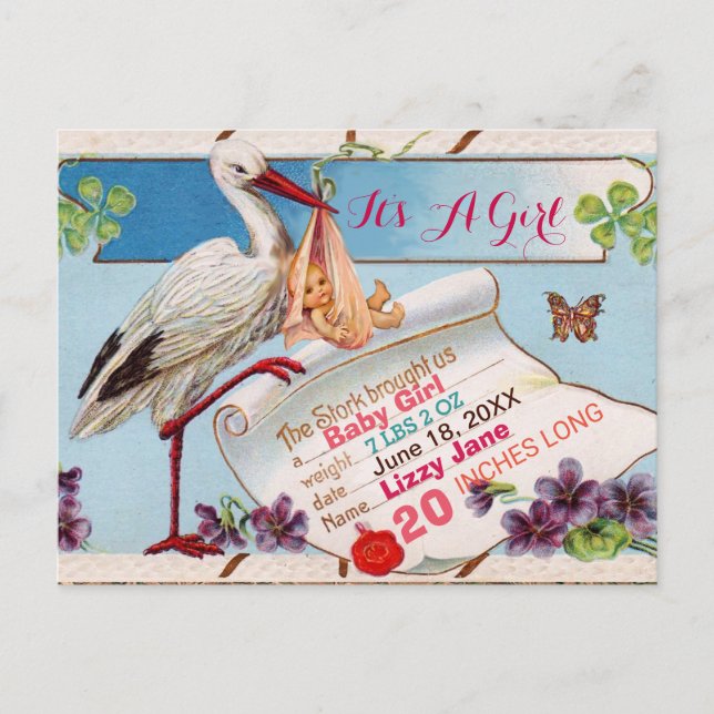 STORK,SHAMROCKS GiRL BABY SHOWER BIRTH STATS Invitation Postcard (Front)