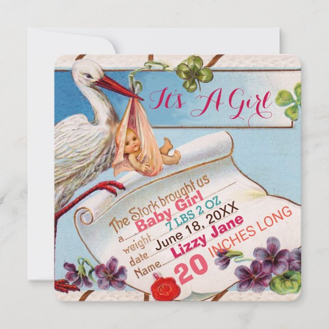 STORK,SHAMROCKS GiRL BABY SHOWER BIRTH STATUS Invitation (Front)